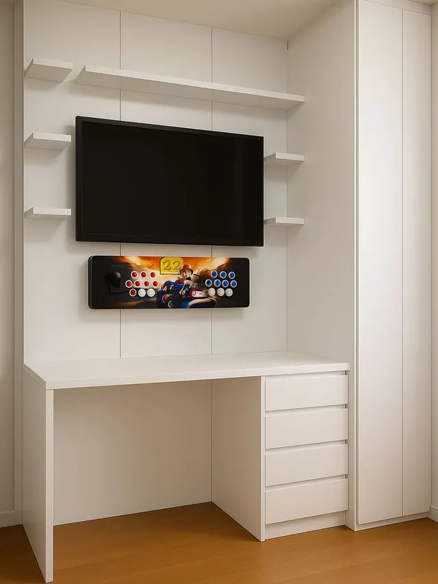 Painel branco com prateleiras, escrivaninha e gaveteiro integrados